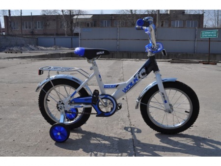 Велосипед Varma 14" Wolk, бело-синий, доп.колеса, ст. фото большое
